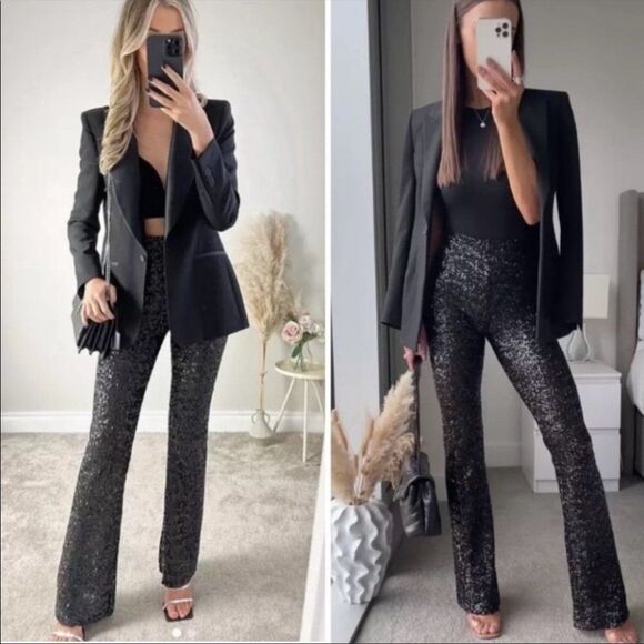 Zara Shiny straight Leg High Waisted Pants Semi Sheer W Interior Lining - Picture 1 of 6